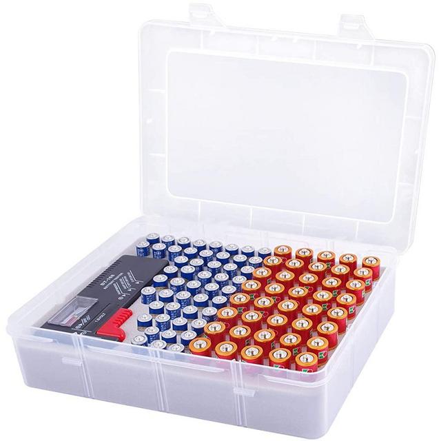 Battery Storage Organizer Box with Battery Tester, Garage Caddy Case Holder Container Bag Holds 90+ Batteries 40 AA 50 AAA (Batteries Not Include)