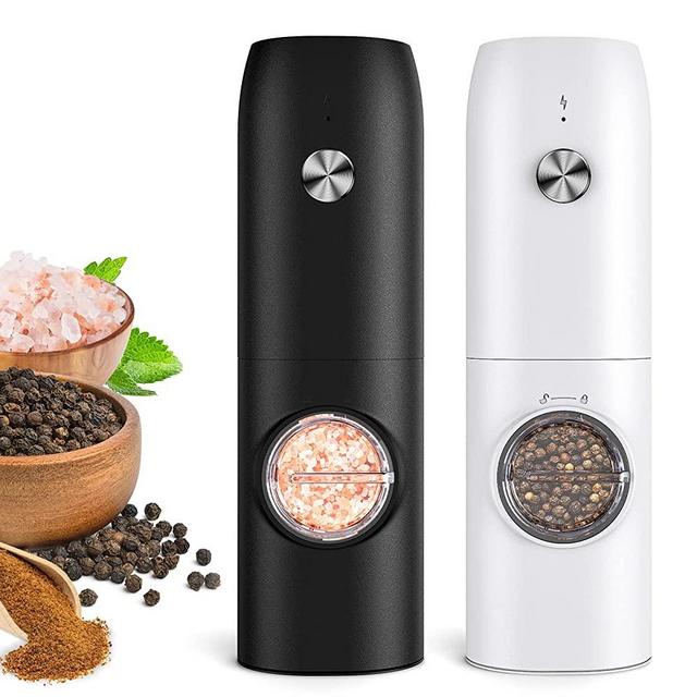Electric Salt and Pepper Grinder Set (2 Pack), Automatic Rechargeable Salt Pepper Mill Grinder with 70ml Container, Adjustable Coarseness, LED Light, One-Hand Operation for Kitchen BBQ…