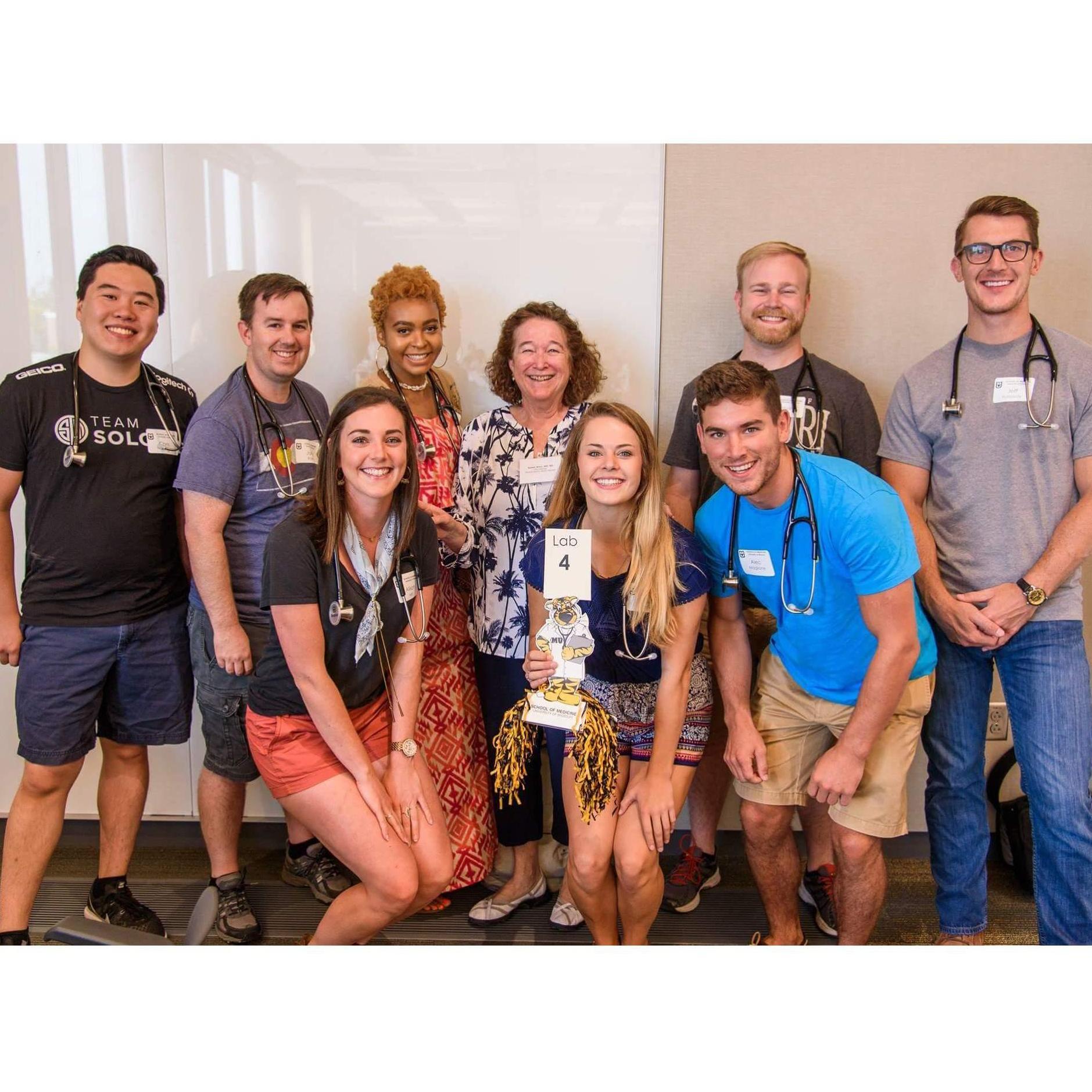 This is our very first photo together on our first day of orientation for medical school. The other people in this photo are from our first small group, Lab 4.