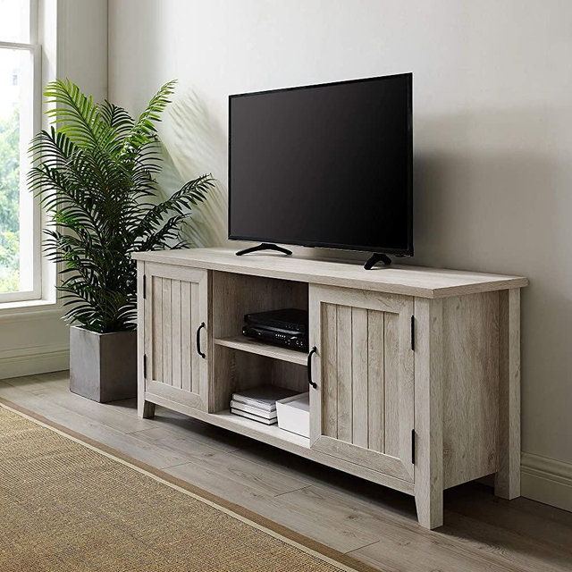 Walker Edison Furniture Company Modern Farmhouse Grooved Wood Stand with Cabinet Doors for TV's up to 65" Living Room Storage Shelves Entertainment Center, 58 Inch, White Oak