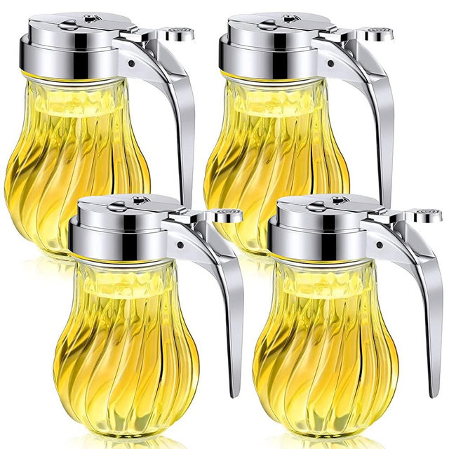 4 Pack Syrup Dispensers Glass Honey Jar Bottle Maple Sugar Dispenser 6 oz Retracting Spout Syrup Containers Pitcher For Milk Coffee Home Restaurant Kitchen Bar Oil Condiment (Delicate Style)