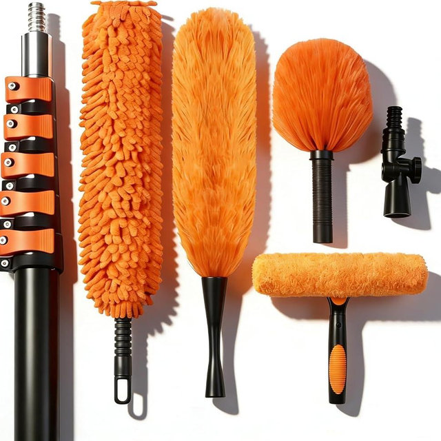 TONYINGO 35FT High Reach Duster Kits with 5-29FT Extension Pole, Cobweb Duster with Telescoping Pole, Washable Ceiling Fan Cleaner & Window Squeegee for Glass Surfaces & High Roof