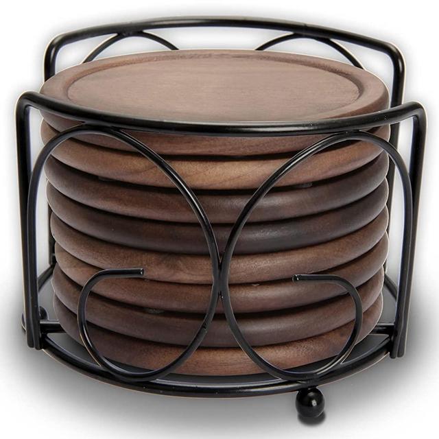 Wood Drink Coasters with Metal Holder, GOH DODD 4 Inch 8 Pieces Wooden Coasters Cup Coaster Set for Bar Kitchen Home Apartment, Walnut Wood