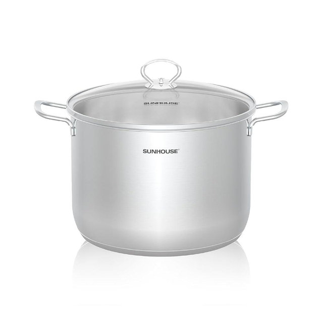 SUNHOUSE Stainless Steel Stock Pot – 12.6 Quart Heavy-Duty Induction Cooking Pot with Glass Lid for Pasta, Soup, Spaghetti – Thick-Bottom Large Stockpot – Commercial-Grade & Dishwasher Safe
