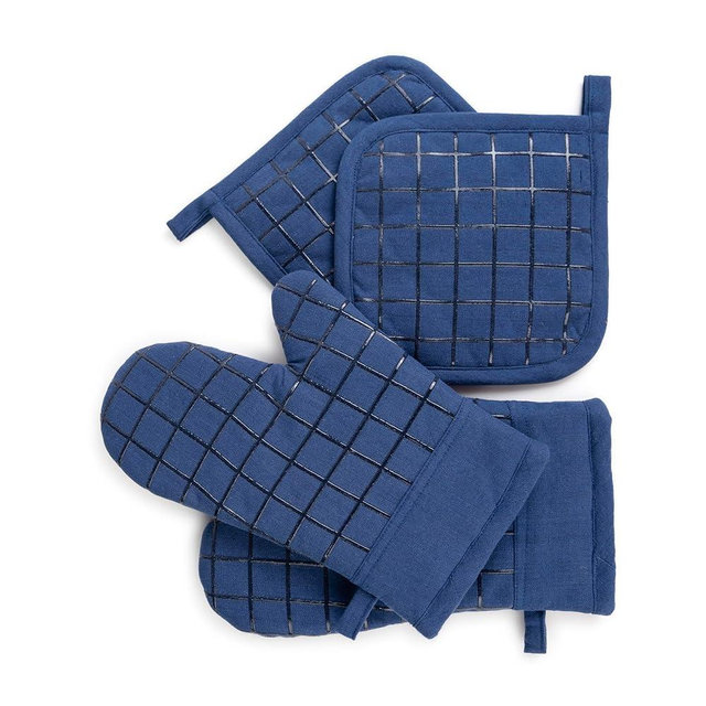 Qualissculina Oven Mitts and Pot Holders Set for Kitchen | 4 Pc Set| Heat Resistant Up to 500°F | Non-Slip Silicone Strips | Blue Kitchen Accessories | Includes 2 Hot Pads & 2 Cooking Mitts
