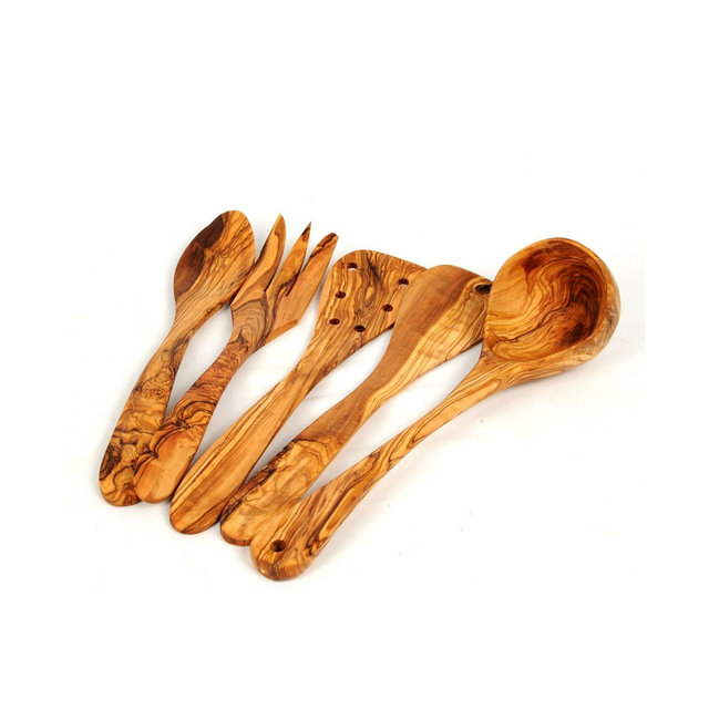 BeldiNest Set of 5 Wooden Kitchen Utensils Spoon Fork and Set of 2 Spatulats-Ladle