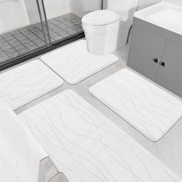 YIHOUSE Memory Foam Bathroom Rug Sets 5 Piece, Ultra Absorbent Bath Mat for Bathroom - Non-Slip Machine Washable & Dry Quickly, 5 Piece Bathroom Mat Set,White