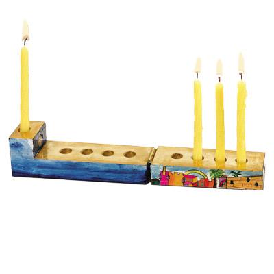 Multicolor Compact Travel Menorah in Wood