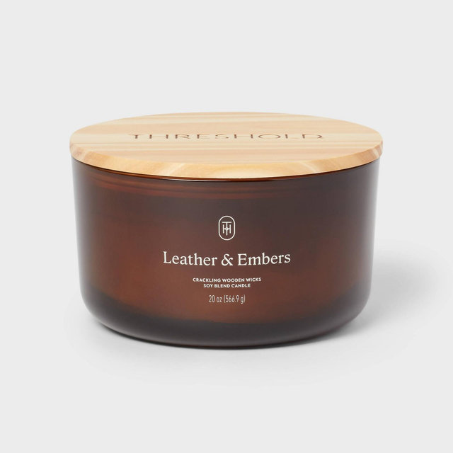 3-Wick Amber Glass Wooden Wick Leather and Embers Jar Candle 20oz - Threshold™