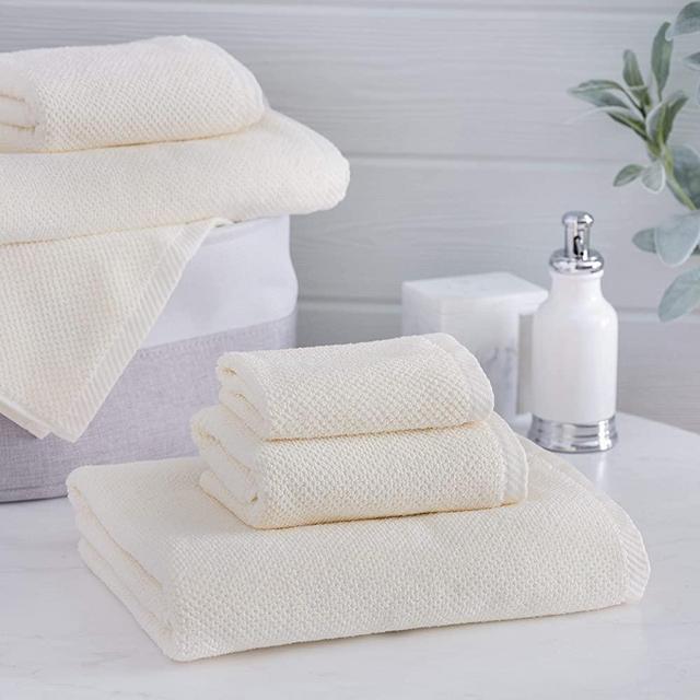 Welhome Franklin 100% Cotton Textured Towel (Cream) - Set of 6 - Highly Absorbent - Combed Cotton - Durable - Low Lint - 600 GSM - Machine Washable : 2 Bath Towels - 2 Hand Towels - 2 Wash Towels