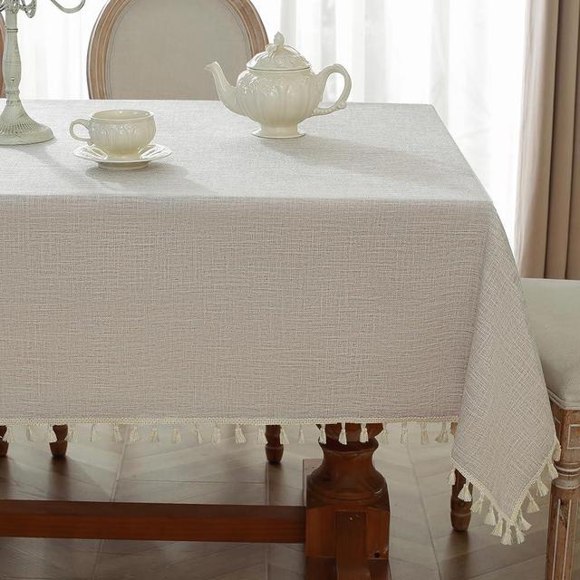 Alsoo Table Cloth Rectangle Table Linen Look Texture Cotton Tablecloth Waterproof Wrinkle Free Heavy Duty Tables Cover with Tassel for Kitchen Dining Holiday Party, Light Brown, 55" x 75"
