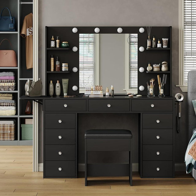 Yanosaku Vanity Desk with Power Outlet, Makeup Table with Mirror and 12 LED Lights, 3 Color Lighting Modes, 11 Drawers Makeup Vanity with 4 Shelves, Fold-up Panel, Vanity Set for Bedroom, Black