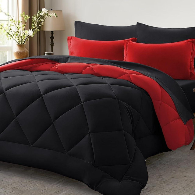 Anluoer Queen Comforter Set -7 Pieces Bed in a Bag Queen Size, Reversible Bed Set with 1 Comforter(88"*88"), 2 Pillow Shams, 2 Pillowcases, 1 Flat Sheet, 1 Fitted Sheet, Red & Black