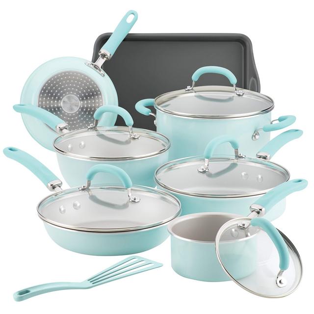 Rachael Ray 12146 Create Delicious Nonstick Cookware Pots and Pans Set, 13 Piece, Light Blue Shimmer
