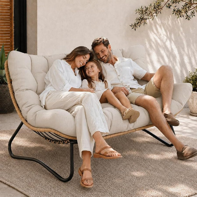 SWITTE Outdoor Papasan Loveseat, Oversized Double Wicker Egg Chair with Cushion, All-Weather Rattan 2-Seater Patio Lounge Chair for Balcony, Backyard, Poolside, Porch, Beige