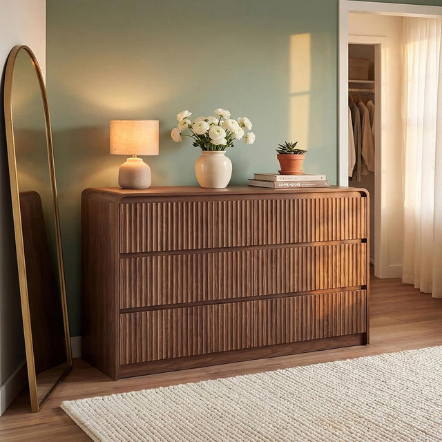 Seang 6 Drawer Dresser for Bedroom,47" Wide Wooden Dresser Chest of Drawers,Curved Anti-Collision & Anti-Tipping Design, Mid Century Modern Dresser for Bedroom, Living Room, TV Stand,Walnut Oak.