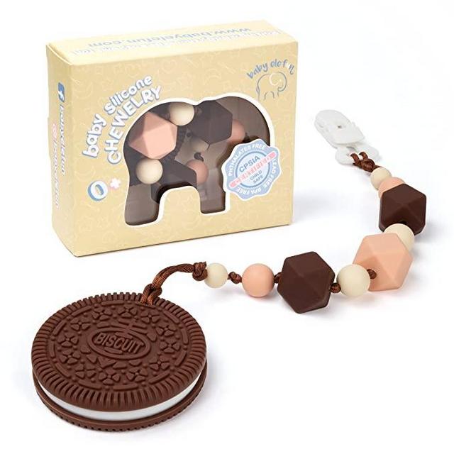Teething Toys BPA Free Silicone - Very Cute and Highly Effective Pain Relief Brown Cookie Teether with Pacifier Clip for Stylish Boy or Girl - Best Unique Baby Shower Gifts - Teethers Toy for Freezer