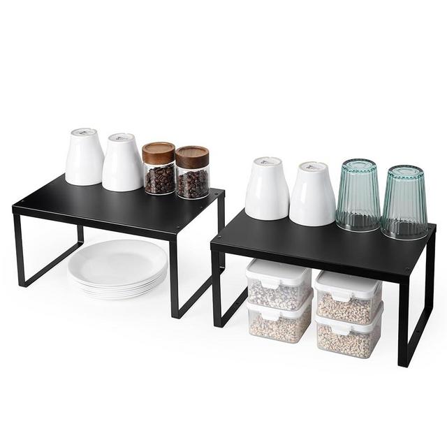 Nxconsu 2Pack Cabinet Shelf Expandable Stackable Organizer Riser for Kitchen Cabinet Pantry Cupboard Under Sink Countertop Organization Accessories Storage Space Saver Multi-Function Metal Black