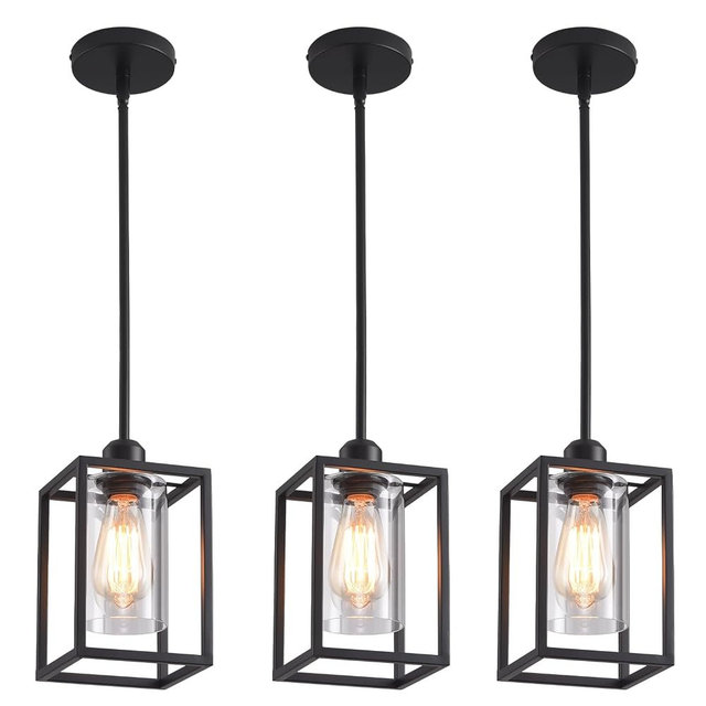 AOJUNSANSAN 3 Pack Stem Rod Black Pendant Lights for Kitchen Island Industrial Lantern Pendant Light Fixtures with Clear Glass Shade, Farmhouse Adjustable Height Hanging Pendant Lighting
