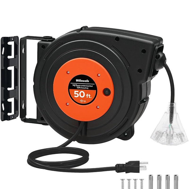 WILAWELS Retractable Extension Cord Reel, 50 FT Heavy Duty Power Cord, 14AWG/3C SJTOW, 3 Grounded Outlets Lighted Triple Tap, 13 Amp Circuit Breaker, UL Listed, Orange B50CR06