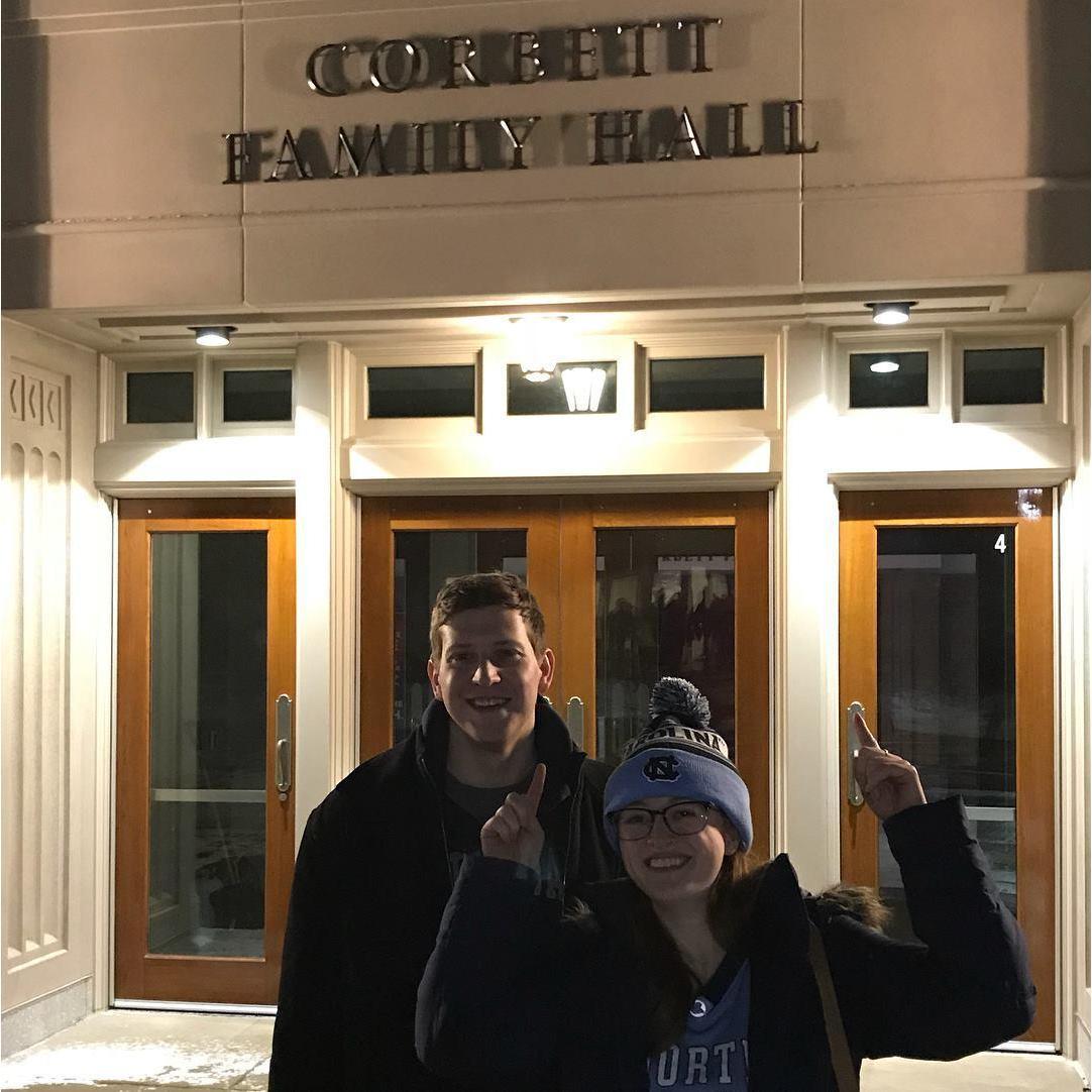 January 2018 - Forcing Dan to take a picture in front of "Corbet(t) Hall" on Notre Dame's campus after a nail-biter win by Meg's Heels