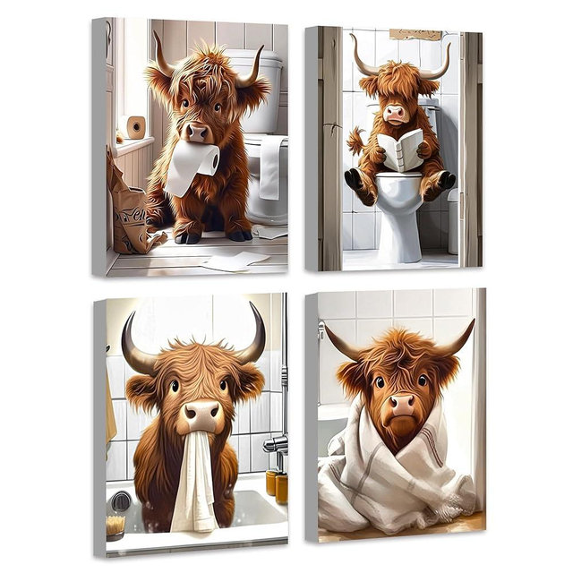 Drsoum Cute Highland Cow Bathroom Framed Wall Art Funny Animal Rustic Canvas Prints for Bathroom Restroom Decor 8x10in (Framed)