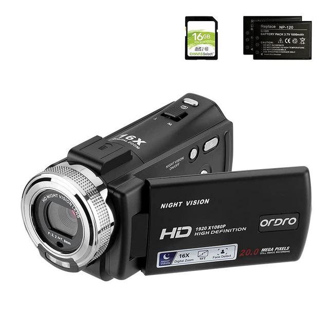 Camcorders ORDRO HDV-V12 HD 1080P Video Camera Recorder Infrared Night Vision Camera Camcorders with 16G SD Card and 2 Batteries