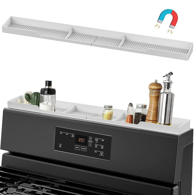 AWOKE Stove Top Shelf 30 Inch - Silicone Material Magnetic Shelf for the Stove - 3 Functional Partitions Kitchen Spice Rack Organizer - White