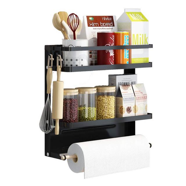 Apsan Magnetic Spice Rack for Refrigerator, 2 Tier Magnetic Rack for Spice Organizer with Paper Towel Holder, Medium - Black