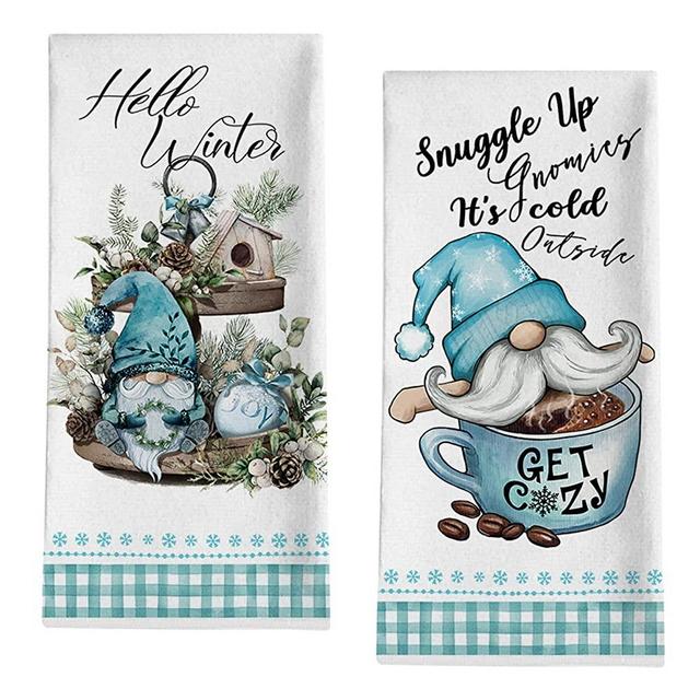 Seliem Hello Winter Gnome Joy Kitchen Dish Towel, Blue Buffalo Plaid Check Wood Tiered Tray It’s Cold Outside Tea Hand Drying Baking Cloth, Birdhouse Pine Cone Decor Home Decorations 18 x 28 2 Packs