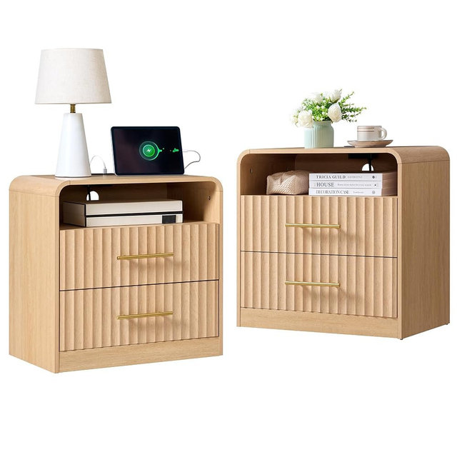 NOWABAY Fluted Nightstand Set of 2 with Charging Station, Bedside Table with 2 Drawers, Wood End Table with Storage Mid Century Modern, Large Night Stand for Bedroom (Natural Oak)