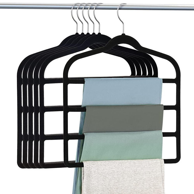 Velvet Pant Hangers Space Saving Non Slip Velvet Hangers, DUDUCOFU 6 Pack Black Velvet Hangers Multi Layer Clothes Hangers Closet Organizer for Pants Jeans Trousers Scarf