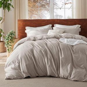 Bedsure 100% Washed Cotton Duvet Cover King Size - "Linen Grey" Minimalist Cotton Duvet Cover for All Seasons - GentleSoft™ Plain Simple Bedding, 3 Pieces (Linen Grey, King, 104"x90")