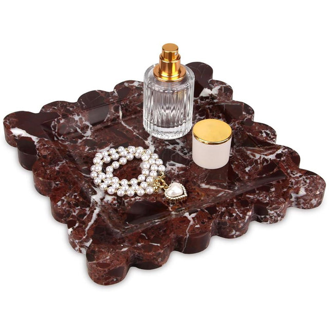 HESHIBI Square Marble Decorative Tray with Scalloped Edge,Luxury Natural Stone Bathroom Vanity Tray, Dresser Top Perfume Coffee Home Kitchen Sink Tray, Key Trinket Ring (Rosso Lepanto, 8 * 8)