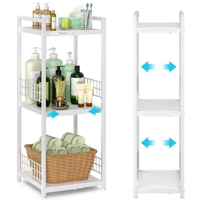 DAOUTIME Expandable Slim Storage Shelf, 3 Tier Metal Shelving Unit for Bathroom Storage Organizer, Free-Standing Narrow Shelf, Open Floor Shelves for Small Spaces,Laundry,Bathroom,Kitchen, White