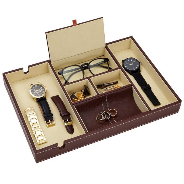 Juvale Leather Valet Catchall Tray for Men with 6 Compartments - Bedside Nightstand Organizer for Phones