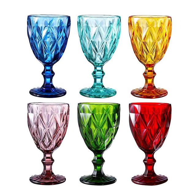 Colored Glass Drinkware 10 Ounce Water Glasses Multi Color Diamond Pattern Set of 6