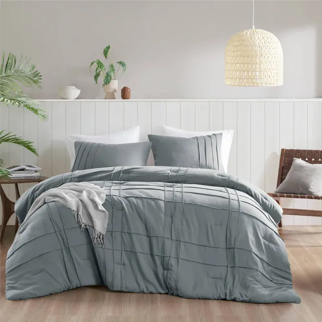 510 Design King/California King Porter Soft Washed Durable Pleated Comforter Set Slate Blue: Microfiber, OEKO-TEX Certified