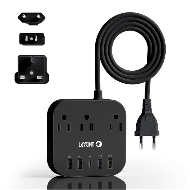 European Plug Adapter, Unidapt US to UK Europe Power Strip for EU/UK/US with USB C and 4 USB Ports, 3 AC Outlets, Wall Mountable, 5ft Extension Cord, for Travel Cruise Ship Home (Black)