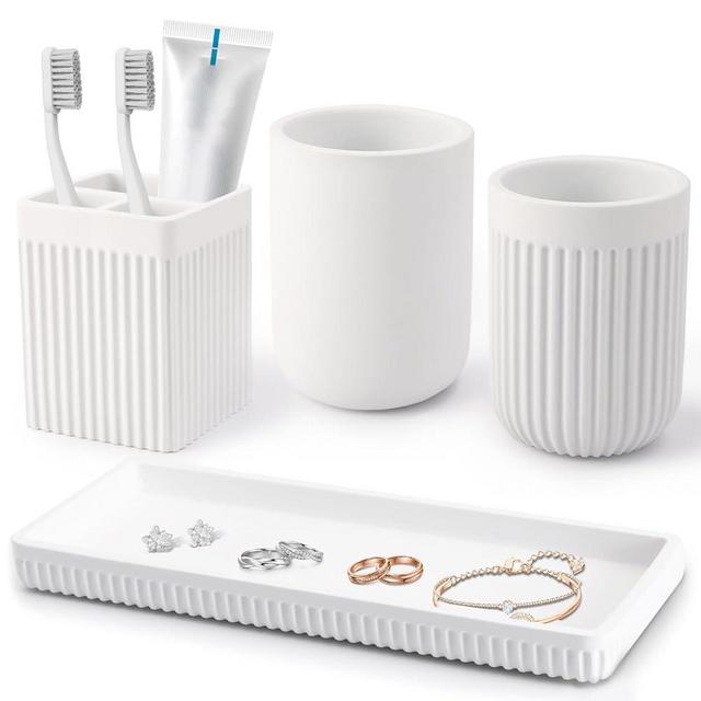 XLHOMO Resin Bathroom Toothbrush Holder Set, Matte White Bathroom Accessories Set 4 Pcs, Bathroom Tumbler Cup Tooth Brushing Cup Set with Tray, for Sink Countertop Modern Home Decor