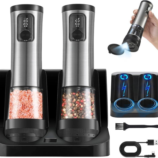 2 Packs Electric Salt and Pepper Grinder Set Rechargeable Automatic Salt and Pepper Shakers with Lid External Adjustable Coarseness Power/Gear Display,LED (2-I)