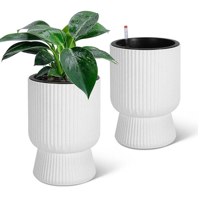 14.2" Tall Planters Set of 2, Large Planter for Outdoor Plants, Flower Pots with Water Level Monitor, for Patio, Porch, Living Room, or Home Office, Planter for Outdoor & Indoor Plants, Marble White