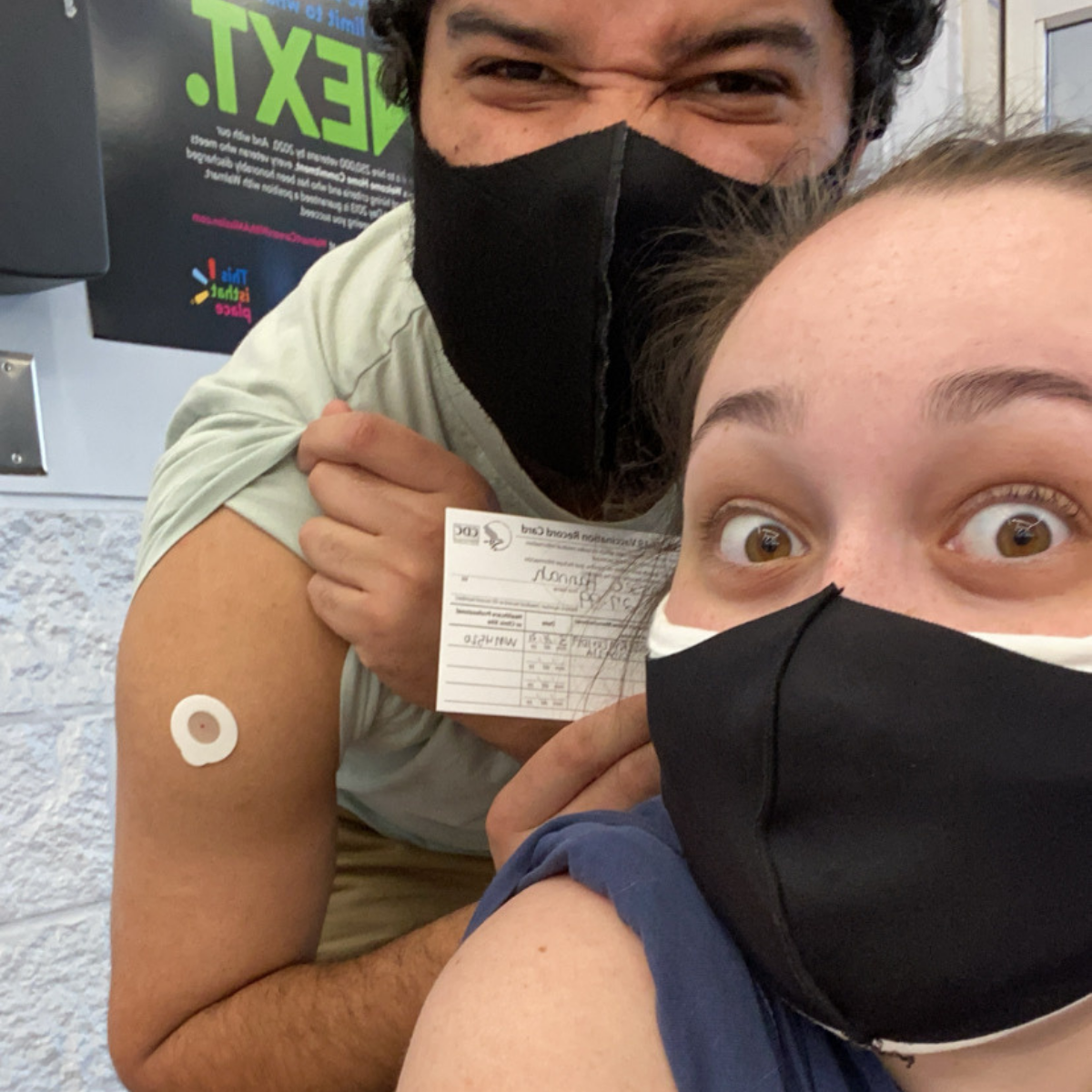 The pandemic has been hard for everyone, and we've been grateful for all the time together, but we're ready to get back out in the real world! Here's a picture of us getting our first vaccine shot!