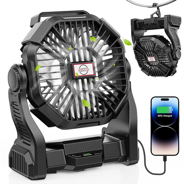 DOWILLDO Camping Fan with LED Lantern, 20000mAh Portable Rechargeable Battery Powered Table Fan with Hook, Camping Gear for Picnic, Fishing, Car or Hurricane Power Outages (Black)