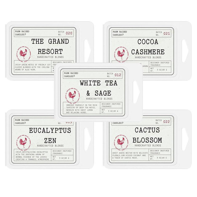 Farm Raised Candles Resort Soy Wax Melts Variety Pack – 5 Scents (16 oz Total) – Phthalate-Free, Made in USA – Includes Cashmere, Eucalyptus Zen, White Tea & Sage, Cactus, and Resort