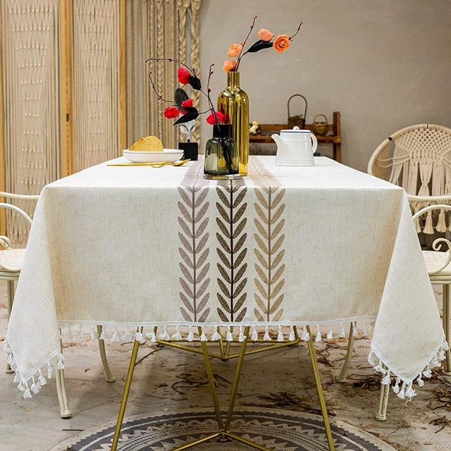 Oubonun Tablecloth for Dining Table Rustic Farmhouse Kitchen Table Cloth Coffee Table Cover, Cotton Linen Fabric Small Rectangle Tablecloths for 6 to 8 Seats, Beige, Wine Leaf, 55x86 Inch