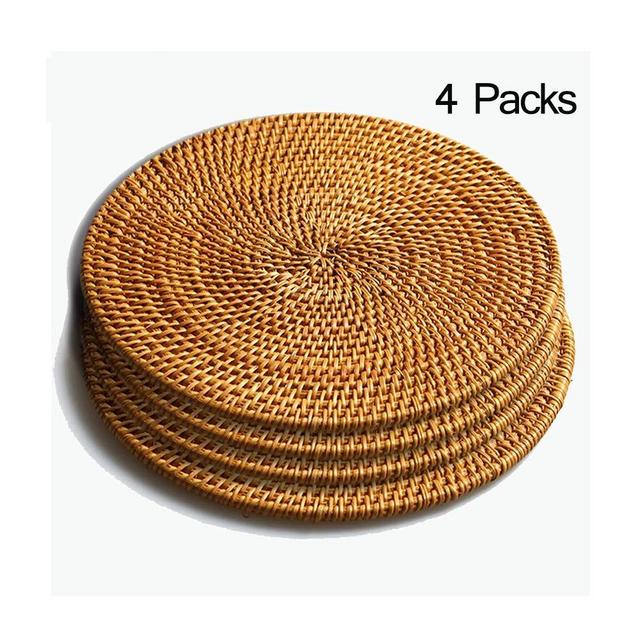 WARRAH Trivets for Hot Dishes,Hand Weave Rattan 8.66" Extra Large Wood Holder for Pots and Pans,Decorative Insulated Hot Pads for Countertops and Kitchen Dining Table,Set of 4 Diameter 22CM (Gold)