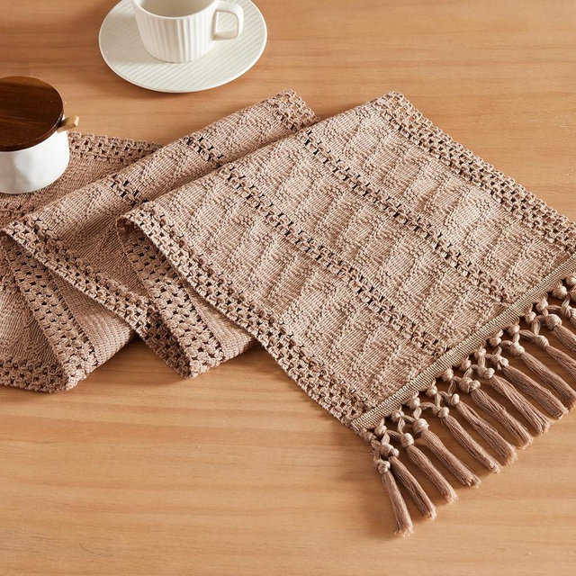 ZeeMart Macrame Style Boho Table Runner, Taupe Table Runners 90 Inches Long, Farmhouse Woven Home Decor, 12x90 Inch, Taupe