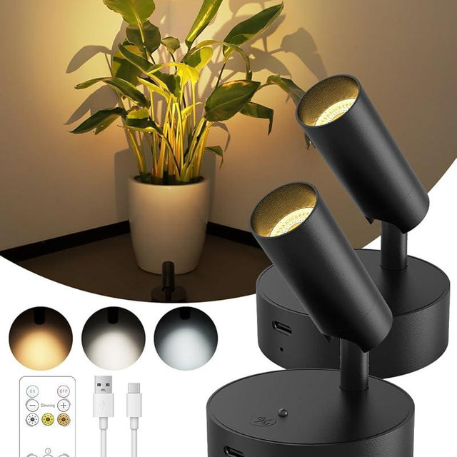 GOODEA Spotlights Indoor with Remote, 3000mAh Rechargeable Battery Plant Spotlight Indoor, Wireless Uplighting with 3 Colors & Dimmable, LED Picture Light for Painting, Artwork Accent Lighting(2 Pack)