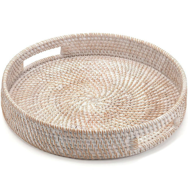 14" Round Rattan Tray, Hand Woven Serving Tray with Handles, Wicker Serving Basket, Decorative Tray for Home Decor, Whitewash